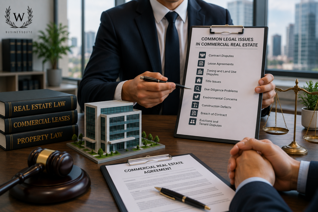 Commercial real estate lawyer discussing common legal issues with a client using legal documents, property model, law books, and a gavel in a modern office.
