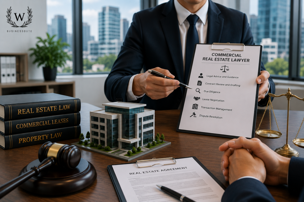 Commercial real estate lawyer explaining legal services to a client in a modern office with commercial property model, legal documents, law books, and a gavel.