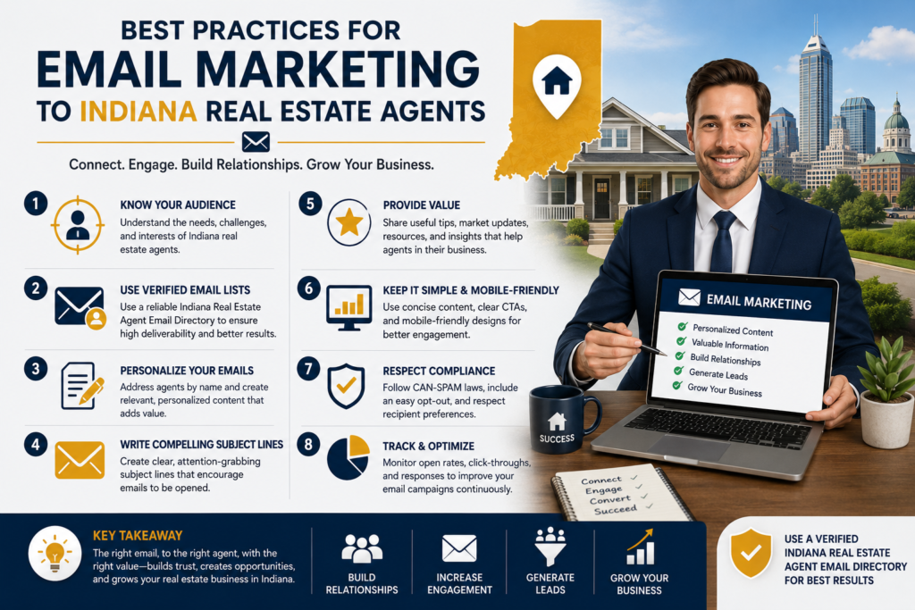 Professional infographic illustrating best practices for email marketing with an Indiana Real Estate Agent Email Directory, including personalized outreach, verified email contacts, lead generation, and campaign optimization.