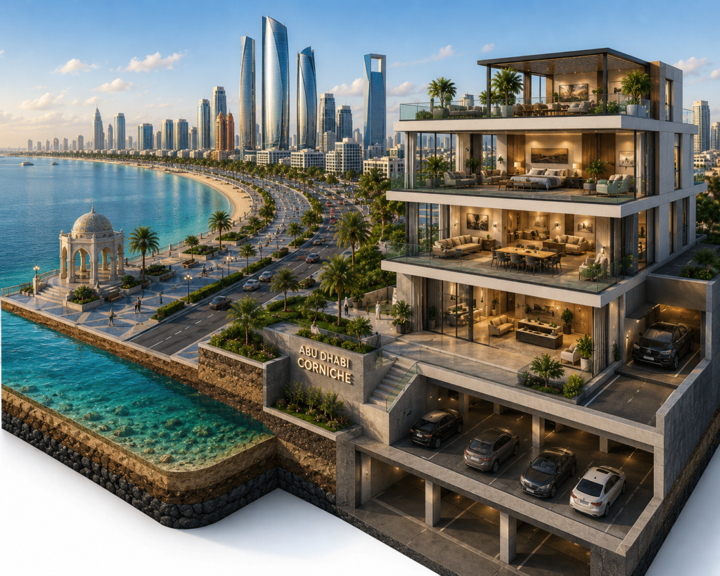 Abu Dhabi Corniche residential building cross-section with skyline, beach and underground parking