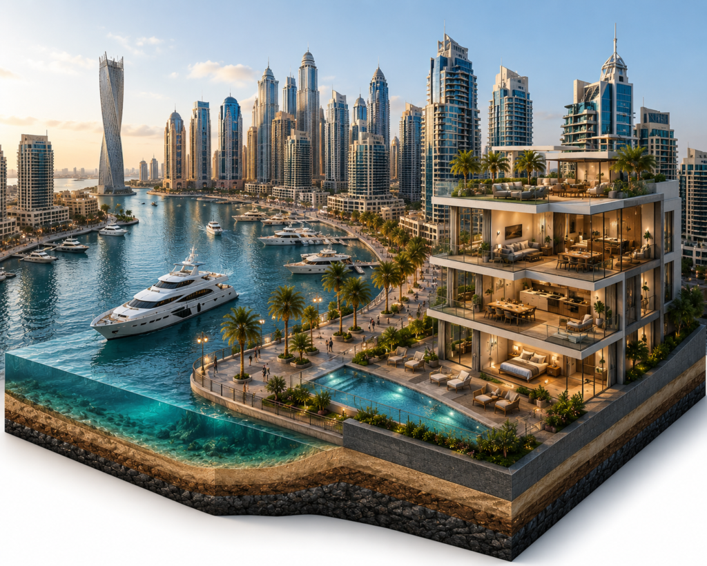 Dubai Marina waterfront luxury apartment cross-section with skyscrapers, yachts and infinity pool