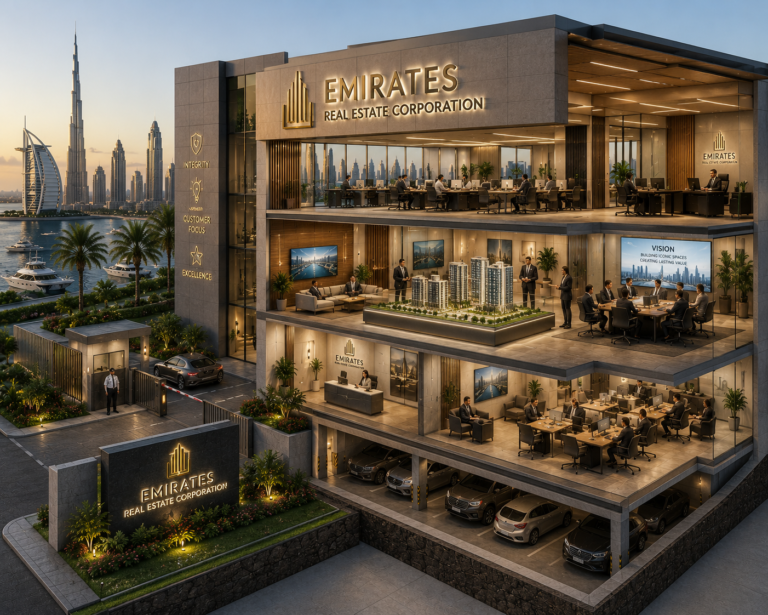 Emirates Real Estate Corporation office building cross-section with staff, meeting rooms and Dubai skyline