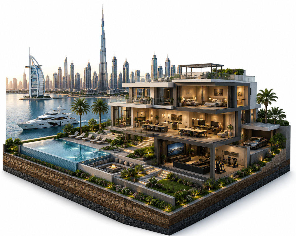 Luxury Dubai villa cross-section with Burj Khalifa and Burj Al Arab skyline, private pool and yacht