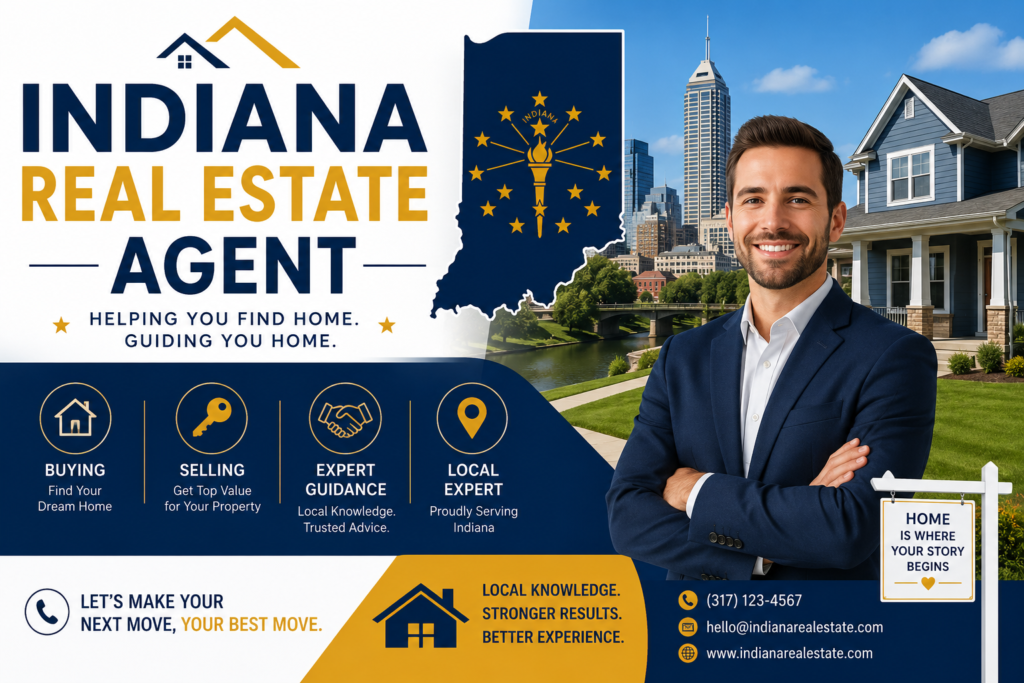 Professional Indiana Real Estate Agent Email Directory illustration featuring a real estate agent, Indiana state map, residential homes, and verified real estate contact database for lead generation.