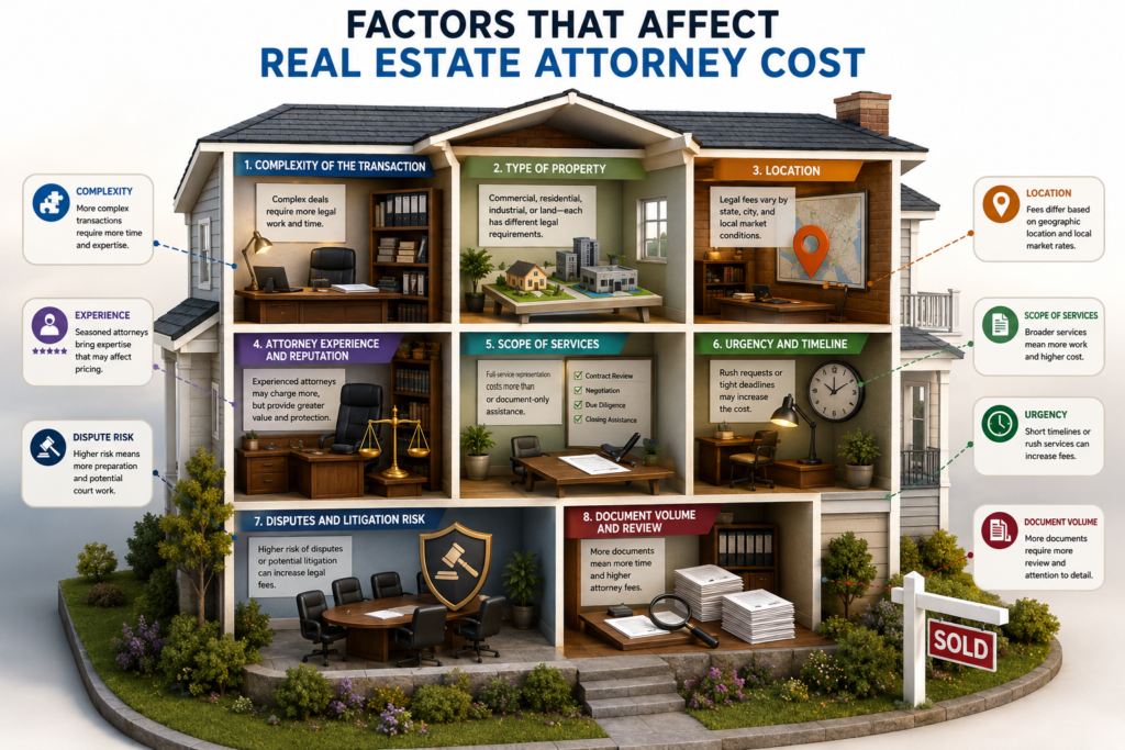 3D cutaway infographic illustrating the key factors that affect real estate attorney costs, including transaction complexity, property type, location, attorney experience, scope of services, urgency, litigation risk, and document review.