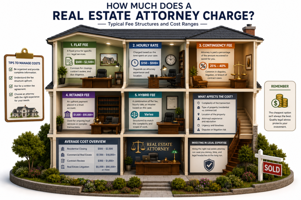 3D cutaway infographic showing how much a real estate attorney charges, including flat fees, hourly rates, retainers, hybrid pricing, and factors that affect legal costs.