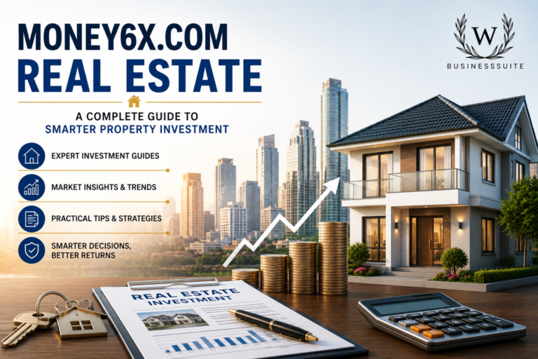 Money6x.com Real Estate guide featuring a modern home, city skyline, investment chart, calculator, and financial planning elements for smarter property investment.