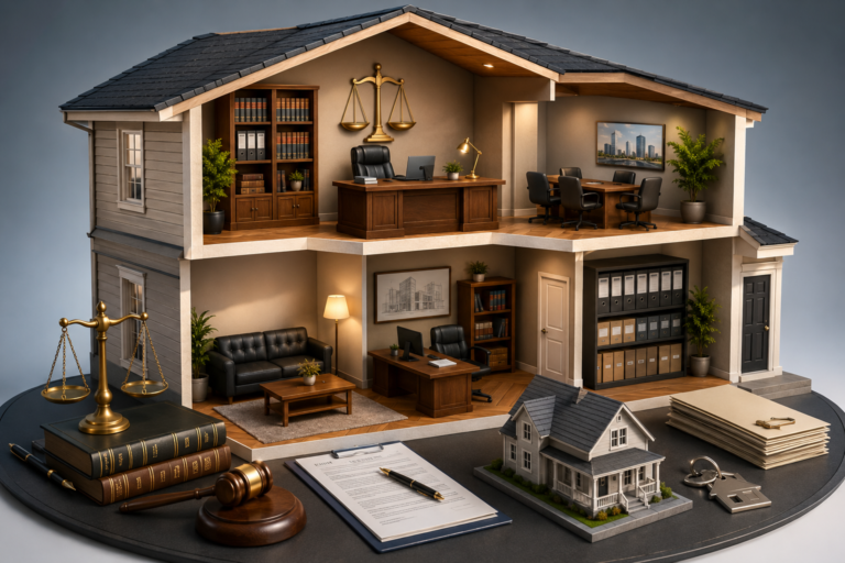 Professional 3D cutaway illustration of a modern law office representing Real Estate Attorney Fees with legal documents, scales of justice, property model, meeting room, and attorney workspace.