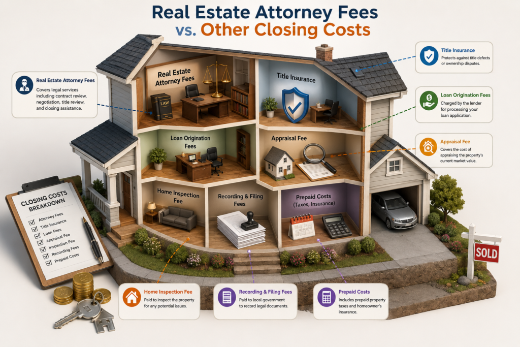 3D cutaway illustration comparing real estate attorney fees with other closing costs including title insurance, appraisal fees, loan origination fees, home inspection, recording fees, and prepaid costs.