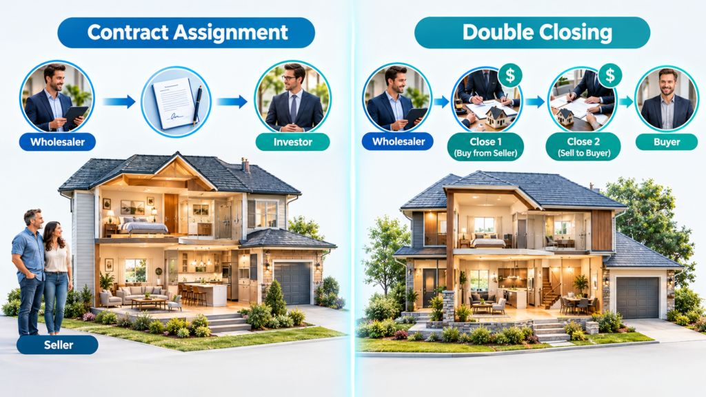Assignment vs double closing in wholesaling real estate shown side by side with one contract transfer and two separate closings
