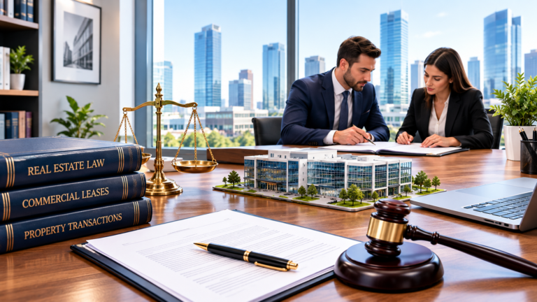 Commercial real estate attorney reviewing property documents with a client in a modern office with law books and a building model