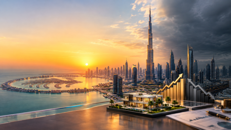 Dubai skyline split between golden light and storm clouds showing the opportunity and risk of Dubai real estate