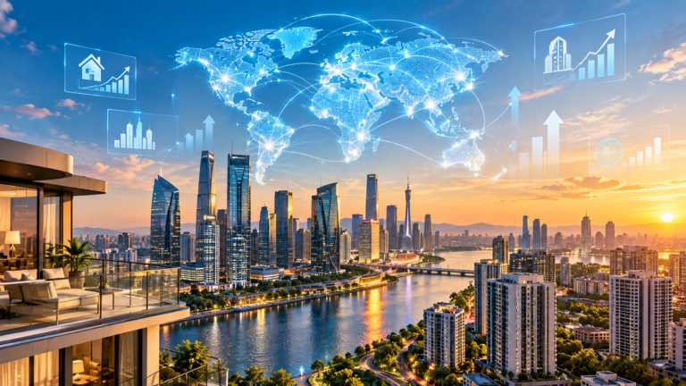 Global real estate trends shown with a glowing world map above a modern city skyline and river at sunset