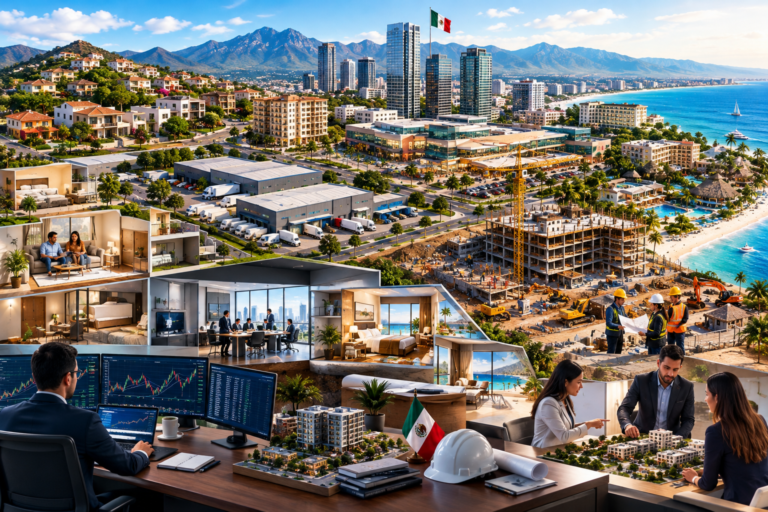 Mexico’s real estate sector featuring residential neighborhoods, commercial skyscrapers, industrial warehouses, hotels, construction sites, investors, and business professionals.