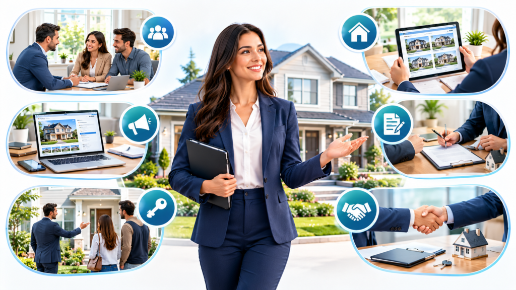 Real estate agent explaining property listings, client meetings, home tours, contracts, and negotiations