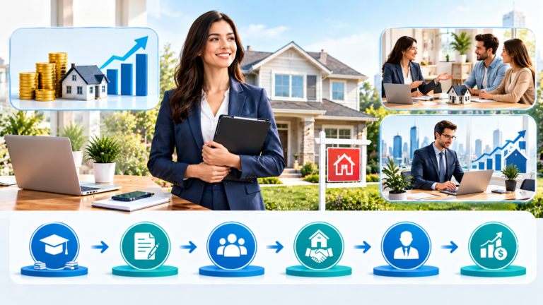 Real estate agent career illustration featuring a professional agent, property investment, client meetings, income growth, and career development icons