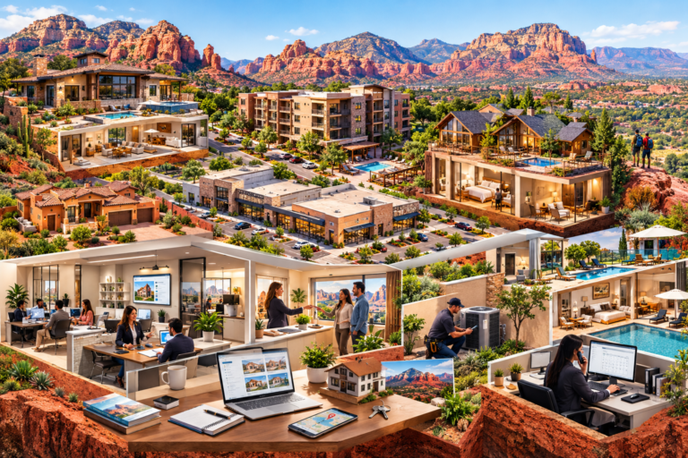 Sedona-inspired real estate landscape featuring luxury homes, vacation rentals, condominiums, commercial properties, property management offices, and maintenance professionals surrounded by Arizona’s iconic red rock mountains.