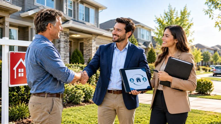 Wholesaling real estate explained with an investor shaking hands with a homeowner in front of a house with a for sale sign